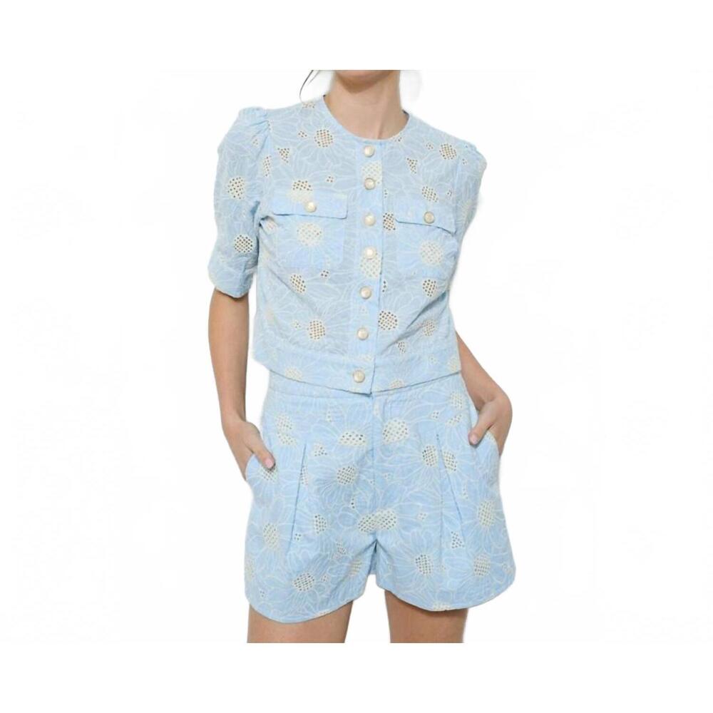 NEW INA FASHION cotton embroidered eyelet cropped top and short set in sky blue